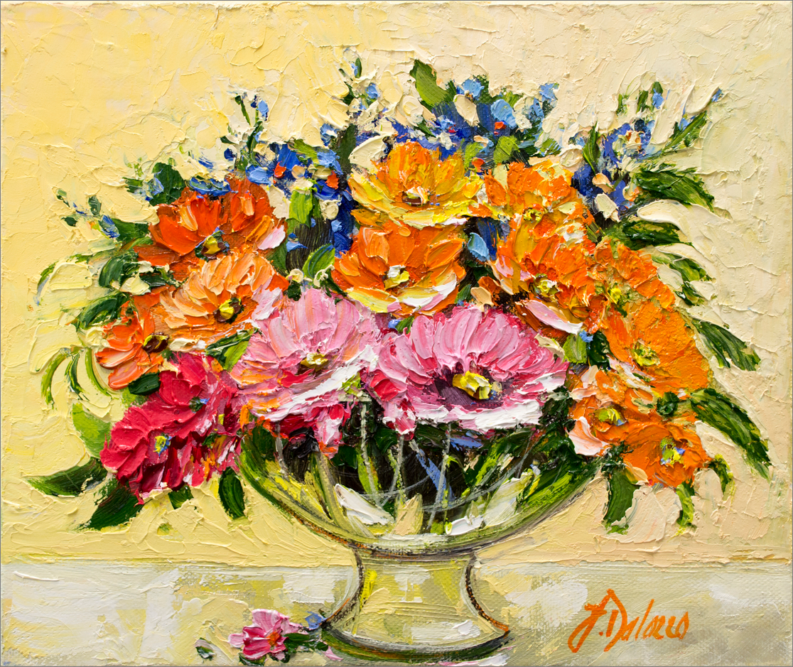 Colourful floral arrangement in a vase on a textured yellow background