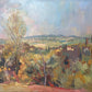 An oil on board painting depicting an Italian landscape, featuring a tree with autumn leaves, a mountain range, and a town in the foreground.